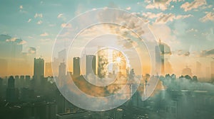 double exposure image showing a city skyline blended with smoggy air can highlight both the cause (air photo