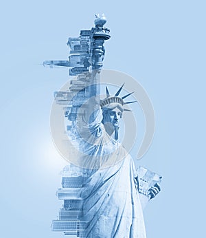 Double exposure image of the Statue of Liberty and new york skyline with cope space. Toned image
