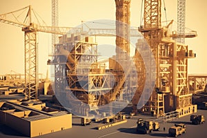 Double exposure of industrial construction site with cranes and building materials. Generative AI illustration