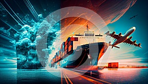 Double exposure of Industrial Container Cargo freight ship, truck, aircraft for Logistic Import Export concept