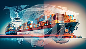 Double exposure of Industrial Container Cargo freight ship, truck, aircraft for Logistic Import Export concept