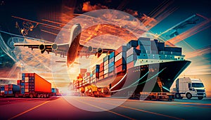 Double exposure of Industrial Container Cargo freight ship, truck, aircraft for Logistic Import Export concept