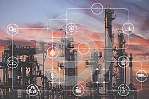 Double exposure of Industrial manufacturing and transportation field icons with Oil and gas industry plant background