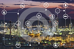 Double exposure of Industrial manufacturing and transportation field icons with Oil and gas industry plant background