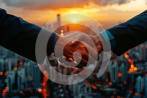 Double exposure of investor business man handshake with partner with digital network link. Generative AI