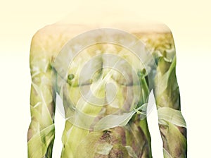 Double exposure of male torso and corn field