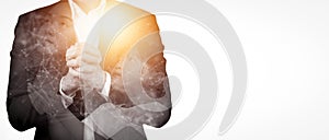 Double exposure of Man with Child and woman praying and worshiping hands in White background, folded hands in prayer concept for f