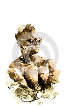 Double exposure man in glasses with naked torso isolated on a white background. The sports guy art illustration