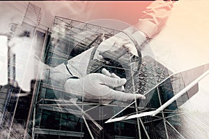 double exposure of man hand using VOIP headset with smart phone