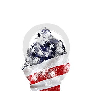 Double exposure man in the hood is back. Conceptual in the national colors of the flag of the United States of America, USA.