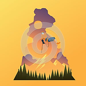 Double exposure of man and rock climbing. Vector illustration decorative design