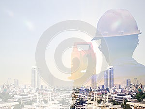 Double exposure man survey and civil engineer stand on ground working in a land building site over Blurred construction worker on