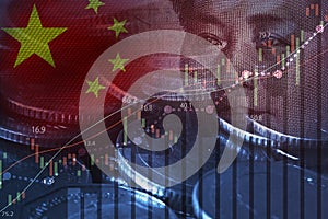 Double exposure of Mao Tse Tung from Yuan banknote and coins with stock market chart for China economy growth and investment