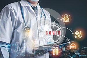 Double exposure, a medical doctor with a digital tablet, Medicine doctor hand touching icon medical network connection with modern