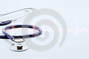 Double exposure of medical stethoscope and cardiogram isolated on light blue. Cardiac therapeutics assistance, pulse beat measure photo