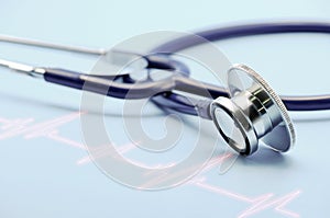 Double exposure of medical stethoscope and cardiogram isolated on light blue. Cardiac therapeutics assistance, pulse beat measure photo