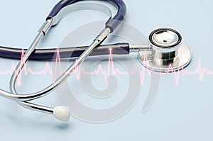 Double exposure of medical stethoscope and cardiogram isolated on light blue. Cardiac therapeutics assistance, pulse beat measure photo