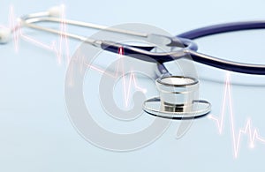 Double exposure of medical stethoscope and cardiogram isolated on light blue. Cardiac therapeutics assistance, pulse beat measure photo
