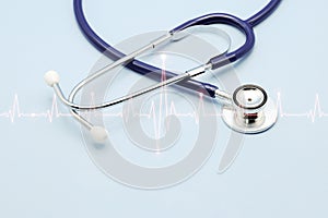 Double exposure of medical stethoscope and cardiogram isolated on light blue. Cardiac therapeutics assistance, pulse beat measure