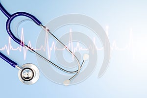 Double exposure of medical stethoscope and cardiogram isolated on light blue. Cardiac therapeutics assistance, pulse beat measure