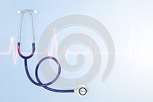 Double exposure of medical stethoscope and cardiogram isolated on light blue. Cardiac therapeutics assistance, pulse beat measure