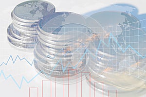 Double exposure of money coin stack with growing graph.