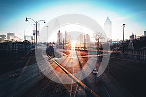 Double exposure of night traffic in modern city