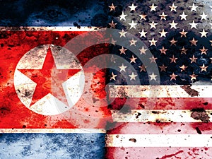 Double exposure of North Korean flag and American flag, American soldier crossing border North Korea