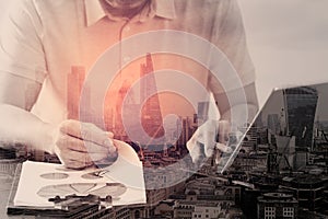 Double Exposure, Outsource Developer working on marble Desk with Laptop Computer Mobile Application Software and digital tablet do