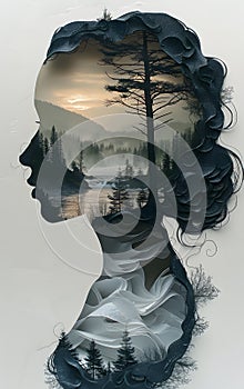 Double exposure painting blending womans face with forest