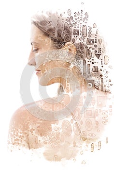 Double exposure. Paintography. Portrait of an attractive woman with long hair combined with unusual hand drawn painting
