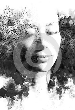 Double exposure. Paintography. Close up portrait of an attractive woman with strong features and long hair combined with unusual