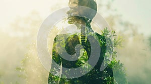 Double exposure of a person , showing healthy lungs and greenery inside, for World Asthma Day