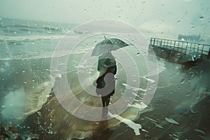 Double exposure of a person with an umbrella on a rainy beach