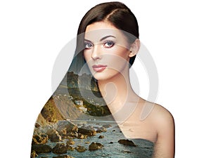 Double exposure photo of beautiful woman with long hair