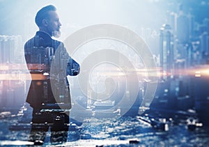 Double exposure photo a businessman and view of