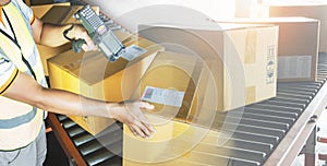 Double Exposure Photo of Worker Scanning Barcode Scanner on Package Boxes. Supply Chain Cargo Shipment Shipping Warehouse Logistic