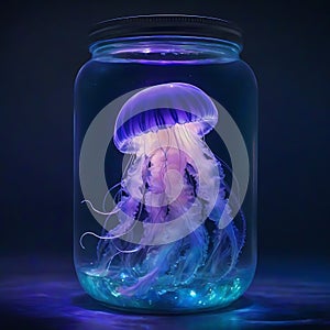 Double exposure photograph of a highly detailed jellyfish in a glass jar.
