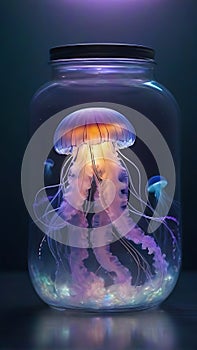 Double exposure photograph of a highly detailed jellyfish in a glass jar.