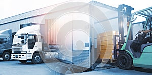 Double Exposure Photos of Forklift Tractor Loading Package Boxes. Trucks Parked Loading at Dock Warehouse. Commerce Supply Chain.