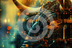 Double exposure picture of digital financial background and a bull as symbol of stock market. Financial trading concept