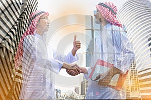 Double exposure picture.Picture mix  building city and Muslim Arab man.