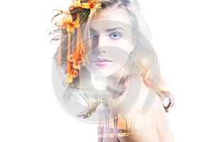 Double exposure portrait of beautiful woman, sunset sea and flowers.