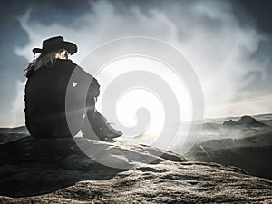 Double exposure portrait of business woman wear cowboy hat