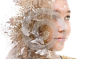 Double exposure portrait. Isolated on a white background