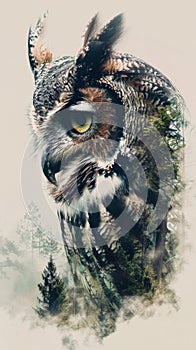 Double exposure portrait of an owl blending into a forest