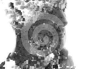 Double exposure portrait of a thoughtful man combined with 3D cube pattern