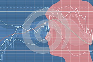 Double exposure portrait of young man and financial market chart.