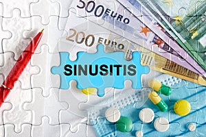 Double exposure. Puzzles with the image of pills, medical mask, pens and euro with the inscription -SINUSITIS