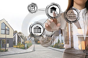 Double exposure of real estate agent using virtual screen with icons and street